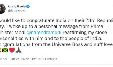 क्रिस गेल ने भारतवासियों को दी गणतंत्र दिवस की बधाई, कहा-प्रधानमंत्री मोदी के संदेश से आंख खुली