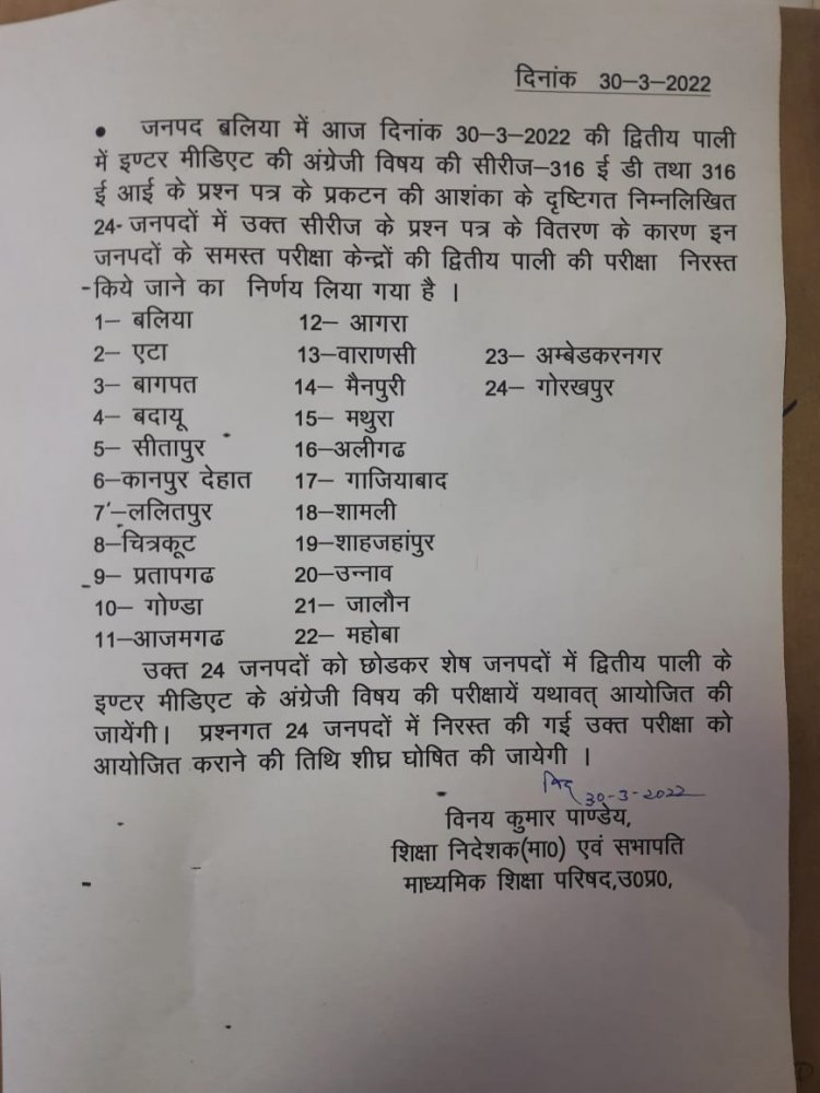 यूपी बोर्ड: 12वीं का अंग्रेजी का पेपर लीक, 24 जिलों में परीक्षा निरस्त