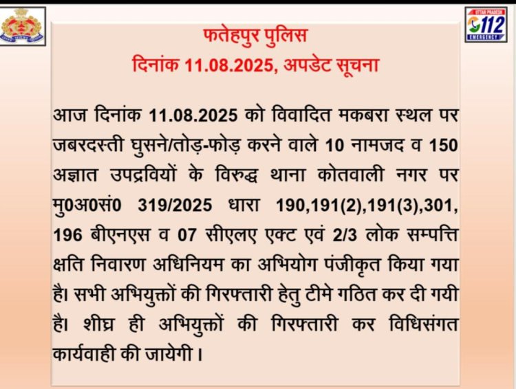फतेहपुर: विवादित स्थल पर तोड़फोड़ मामले 10 नामजद समेत 150 पर मुकदमा दर्ज