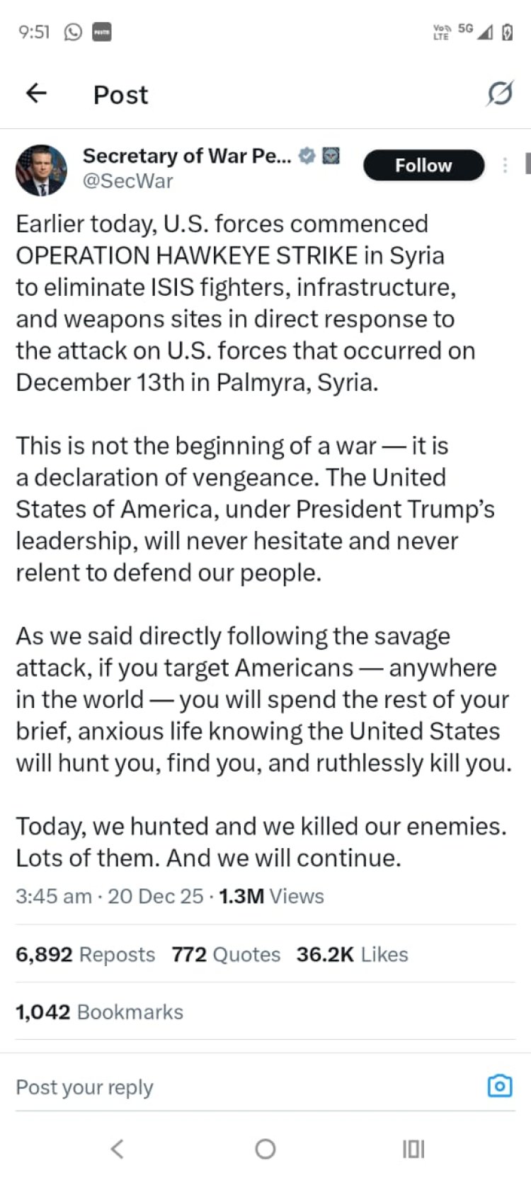 सीरिया में आईएसआईएस के 70 ठिकानों पर अमेरिका के हवाई हमले, बदले की कार्रवाई बताया