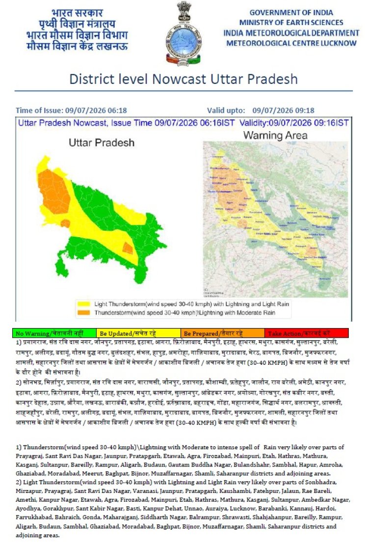 प्रयागराज समेत कई जिलों में गरज-चमक और बारिश का अलर्ट, 30 से 40 किमी प्रति घंटे की रफ्तार से चल सकती है हवा