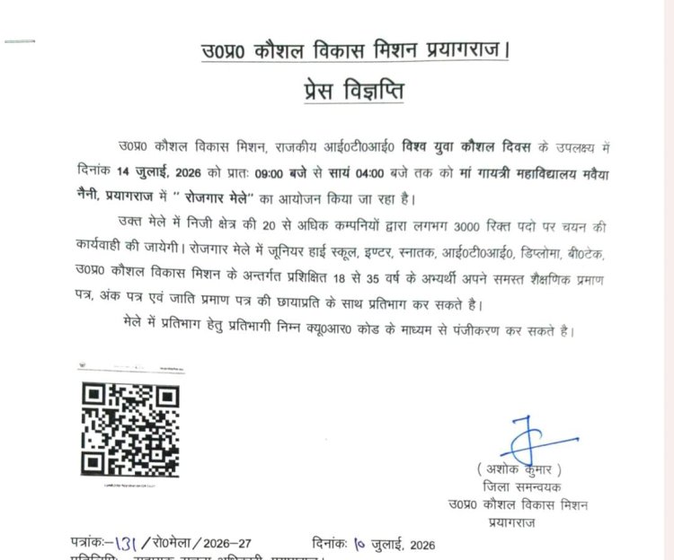विश्व युवा कौशल दिवस पर प्रयागराज में 14 जुलाई को रोजगार मेला, 20 से अधिक कंपनियां करेंगी 3000 पदों पर भर्ती
